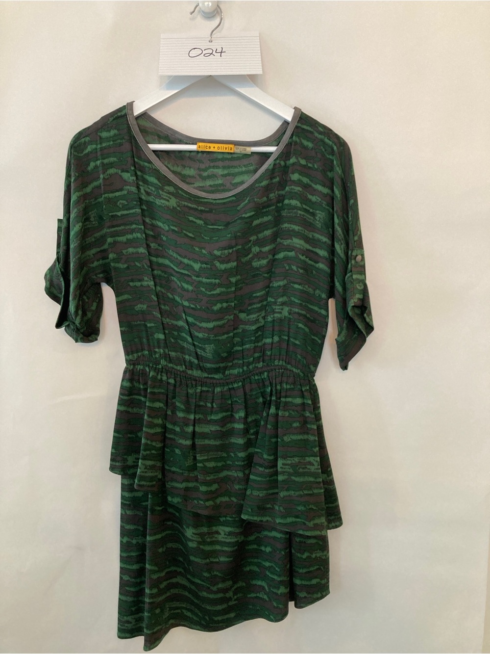 Alice + Olivia Green and Black Patterned Peplum Tunic